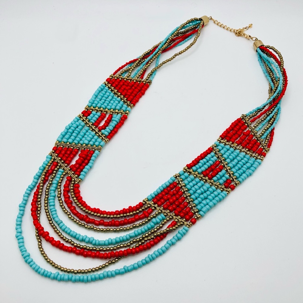 Costume Faux Turquoise and Coral Multi-Strand Ethnic Beaded Statement Necklace